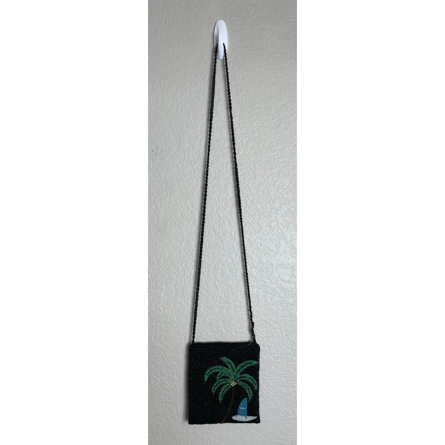 Womens Small Crossbody Bag Black Beaded Palm Tree Sailboat Tropical Cruise